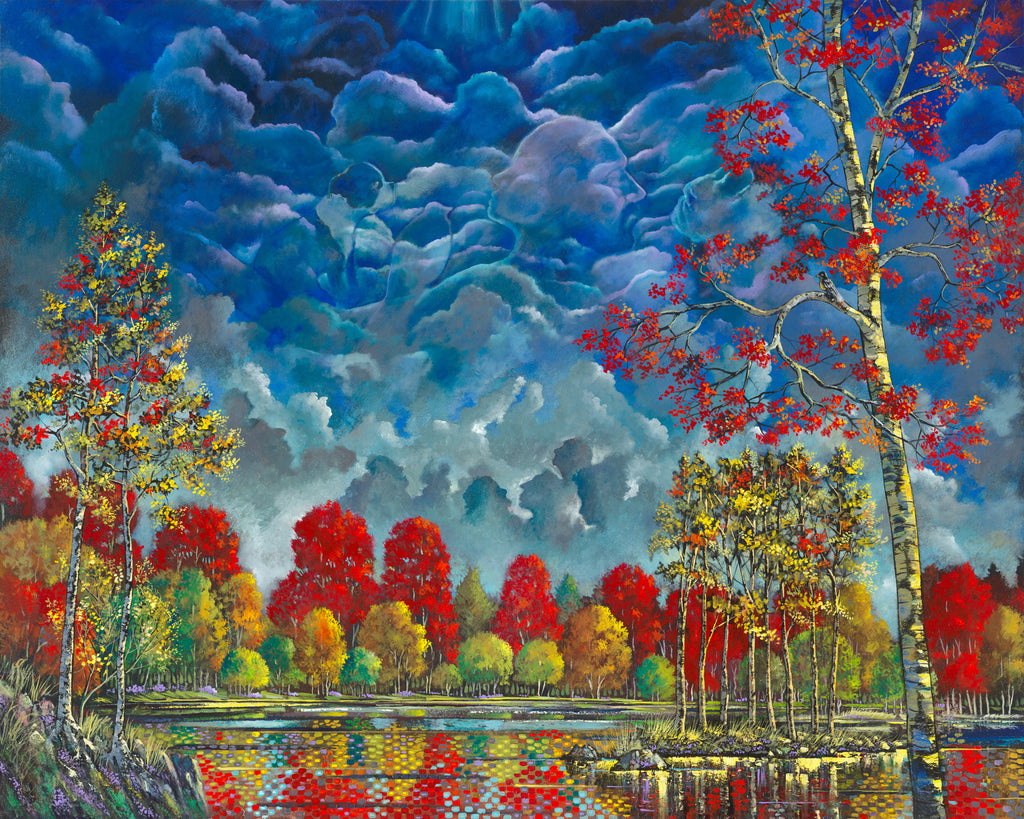 Written in the Sky by Ford Smith is an epic original painting measuring 48x60. Look closely at the clouds and see how Ford has hidden his family within them. Ford, his wife, dogs Billie Jean and Lola. And their rescued wild bird, Woodstock (twice).